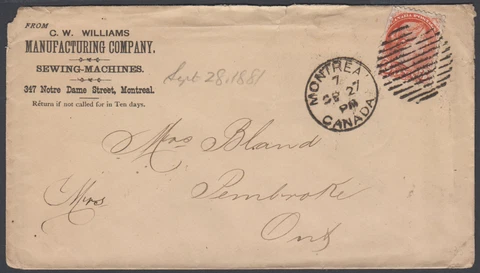 Montreal, Quebec 1881 duplex cancel on sewing machine manufacturer c/card cover Cover