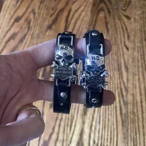 Harley Davidson Cycles Bracelet HD Black Faux Leather Skull Unisex Biker Pair X2 - Picture 1 of 3