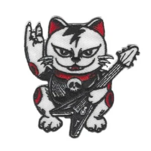 ROCK STAR LUCKY CAT IRON ON PATCH 2.5" Maneki Neko Guitar Embroidered Applique - Picture 1 of 2