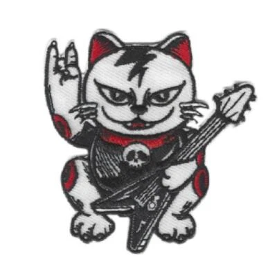 ROCK STAR LUCKY CAT IRON ON PATCH 2.5" Maneki Neko Guitar Embroidered Applique - Image 1 of 2