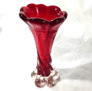 Twisted Ruby Red to Clear Base Hand blown Swirl Vase  Thick Glass 7.5" Tall - Picture 1 of 14