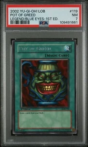 PSA 7 - Yu-Gi-Oh Card - LOB-119 - POT OF GREED 1st Edition Mint Vintage NM - Picture 1 of 5
