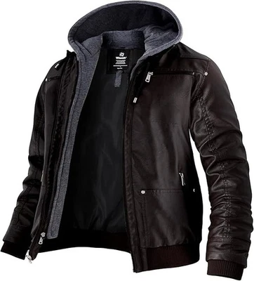 Wantdo Herren Kunstlederjacke WinterWarm Winddicht Retro PU Kapuze DunkelBraun S - Bild 1 von 4