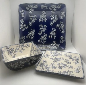Temptations Tara Floral Lace Blue Square 3pc Diner Plate Salad Plate& Bowl Oven - Picture 1 of 8