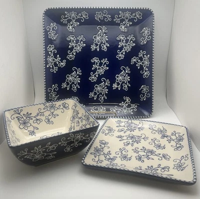 Temptations Tara Floral Lace Blue Square 3pc Diner Plate Salad Plate& Bowl Oven - Image 1 of 4