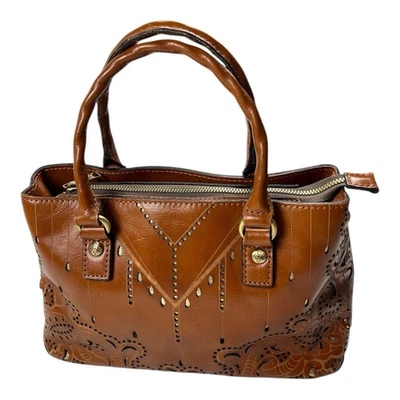 Patricia Nash Genuine Leather Laser Cut Tan Brown Satchel Handbag Western Boho - Image 1 of 4
