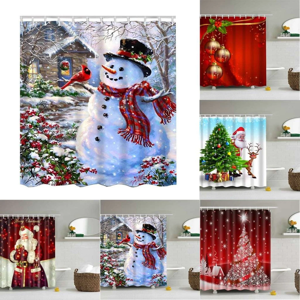 71"X71" Feliz Navidad Cortina de Ducha Baño Papá Noel Muñeco de Nieve Bañera Impermeable Foto 1 de 4