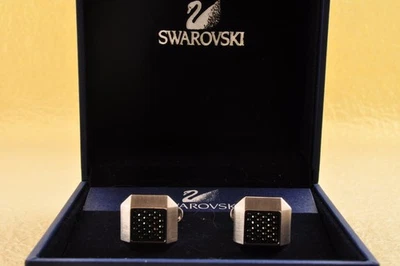 "SWAROVSKI" cufflinks and tie clip, silver and black color with brand package. - Image 1 of 4