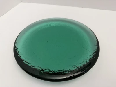 HTF Fire & Light Vintage Teal Green 8" Recycled Glass Cheese Plate Pedestal Dish - Image 1 of 4