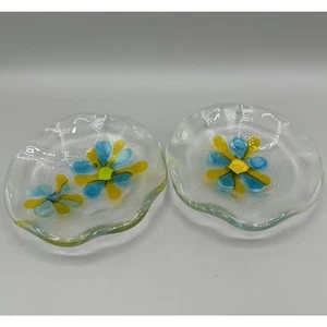 Art Glass Trinket Dishes Floral Flowers Trinket Dish Scalloped Rim Hand Made - Picture 1 of 7