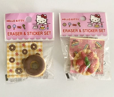 2 Vintage Sanrio Hello Kitty Doughnut Strawberry Tart Eraser & Stickers Set - Image 1 of 2