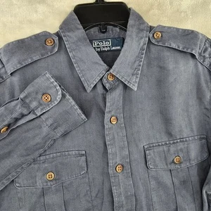 Vtg Polo Ralph Lauren GI Men's Shirt Medium Linen Blue Epaulettes Long Sleeve - Imagen 1 de 7