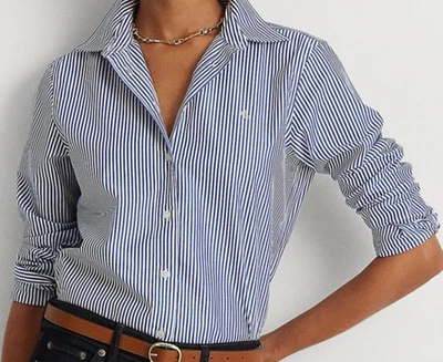 Lauren Ralph Lauren LRL Womens L Blue White Striped Non-Iron Button Up Shirt NWT - Image 1 of 4