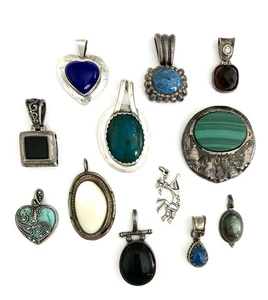 VINTAGE Sterling Silver LOT of 12 Pendants~Malachite-Eilat-Turquoise-Onyx-Lapis! - Picture 1 of 5
