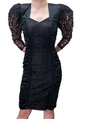 Vtg 80s Sz S Dress Party Cocktail BodyCon Ruched Black Wine Lace Gothic Mayvens - Image 1 of 4