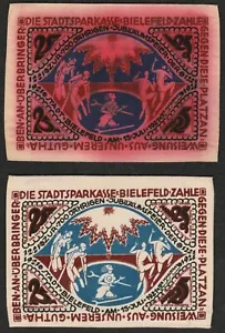 DEUTSCHLAND BIELEFELD 25 MARK SEIDENNOTGELD von 1921 in UNGEWÖHNLICHER GOLDENER FARBE & NORMAL - Bild 1 von 2