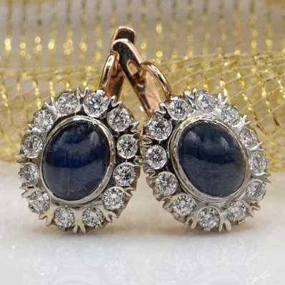 Pendientes de diamantes y zafiros cabujón de oro rosa y blanco macizo de 14K Foto 1 de 4