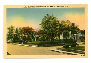 Bellissime residenze così via. Cartolina Main St., Anderson, SC in lino a colori - Foto 1 di 2