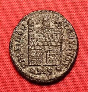Ancient Roman Constantinus Silvered Bronze AE3 Coin, Camp Gate! - Picture 1 of 2