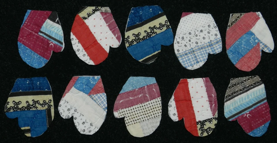 10 PRIMITIVE CUTTER QUILT MITTENS! CHRISTMAS! BLUE RED BURGUNDY Scrapbooking! - Image 1 of 1