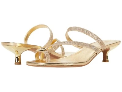 MICHAEL KORS Letty Mid Mujer Dorado Punta Abierta Rayas Mules Mini Tacón Sandalias Talla 11 Foto 1 de 4