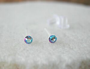 2mm Swarovski Black Diamond Shimmer Crystal Earrings Hypoallergenic TINY