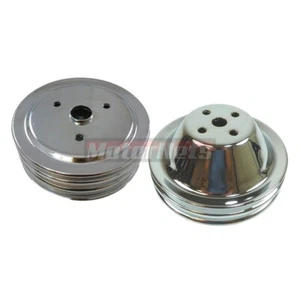 Small Block Chevy Chrome 2/3 Groove Short Water Pump & Crankshaft Pulley SWP SBC - Picture 1 of 5