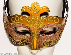 Mardi Gras Mask Gold & Copper Glitter Patterned Eye Mask On A Headband - Picture 1 of 1