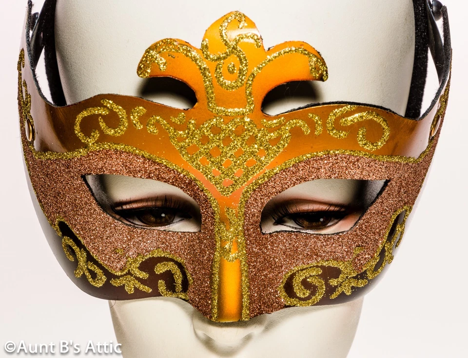 Mardi Gras Mask Gold & Copper Glitter Patterned Eye Mask On A Headband - Image 1 of 1