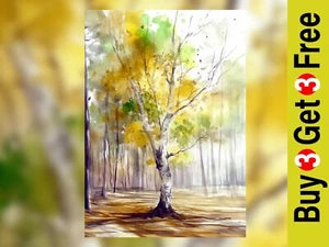 Golden Birch Tree 5"x7" Print on Matte Paper | Serene Woodland Watercolor Art - Picture 1 of 17