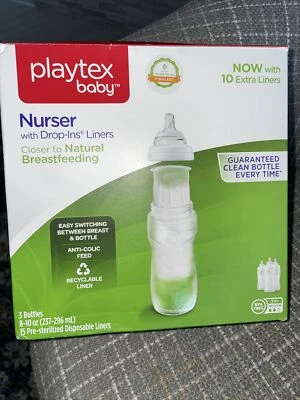Playtex Nurser 3 Bottles Drop Ins 8-10 oz 15 Liners Included 3 Bottles In Box - Image 1 of 4
