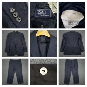 VTG Polo Ralph Lauren Two Piece Suit Men 44R Navy Blue Wool 38x31 Pleated Cuffed - Picture 1 of 23