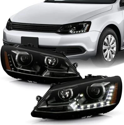 Black Smoke Halogen 2011-2018 VW Jetta Sedan LED Ushape DRL Projector Headlights - Image 1 of 4