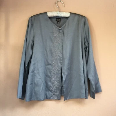 Eileen Fisher Embroidered Silk Cross-Dye Dupion Jacket Blazer Size PM Shale Blue - Image 1 of 4
