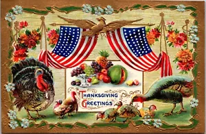 Cartolina Patriottica USA Bandiere Tacchini Frutta Fiori Oro Goffrato Ringraziamento DB - Foto 1 di 2