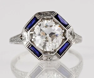 2.Ct Bezel White Moissanite & Blue Sapphire Wedding Ring 14k White Gold Size 6.5 - Picture 1 of 5
