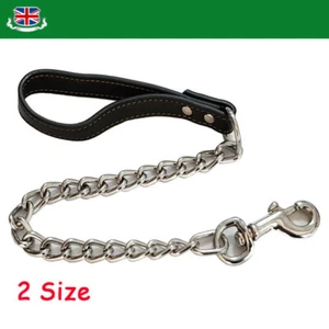 Heavy Duty Metal Dog Chain Short Lead with Strong Black Leather Style Handle - Picture 1 of 12