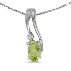 14k White Gold Oval Peridot And Diamond Wave Pendant with 18" Chain - Picture 1 of 3