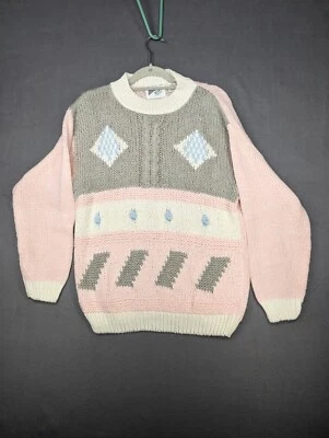 Jason Maxwell Sweater Women's Large Pink Grey Geometric Hand Knit Vintage Foto 1 de 4