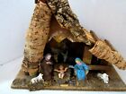 Vintage Italy Nativity Wood Stable Creche & 7 Plastic Figures. Mary Joseph Jesus