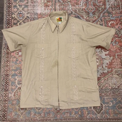 Camisa Cubana Guayabera Para Hombre Grande Haband Beige Cremallera Completa Bordado Mancha Genuina Foto 1 de 4