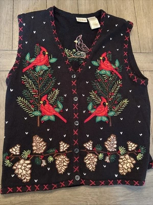 Bobbie Brooks Talla L Navidad Cardenal Piña Suéter Chaleco Vacaciones Bordado Foto 1 de 4