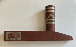Vtg Native American Catlinite Elbow Pipe w/Silver? Inlays Signed Buffalo Woman - Picture 1 of 10