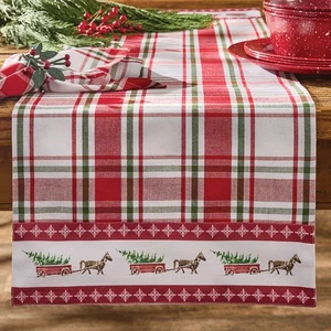 WILLIAMSBURG GREENHOW FARM TABLE RUNNER 14X42, RED AND GREEN PLAID HORSE DRAWN C - Picture 1 of 3