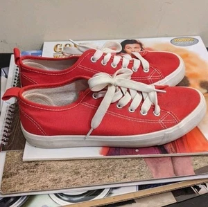 Love 83 Red and White Canvas Lace Up Sneakers Shoes Memory Foam Women's Size 8 - Picture 1 of 6