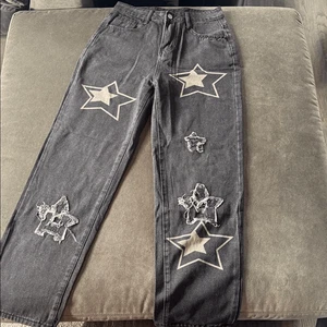 Pantalones de mezclilla negros para hombre Streetwear diseño estrella holgados calce suelto talla 28 S NUEVO - Imagen 1 de 11