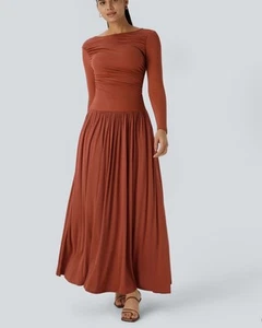Ribbed Boat Neck Long Sleeve Ruched Side Pocket Flowy Maxi Casual Dress Large - Picture 1 of 8