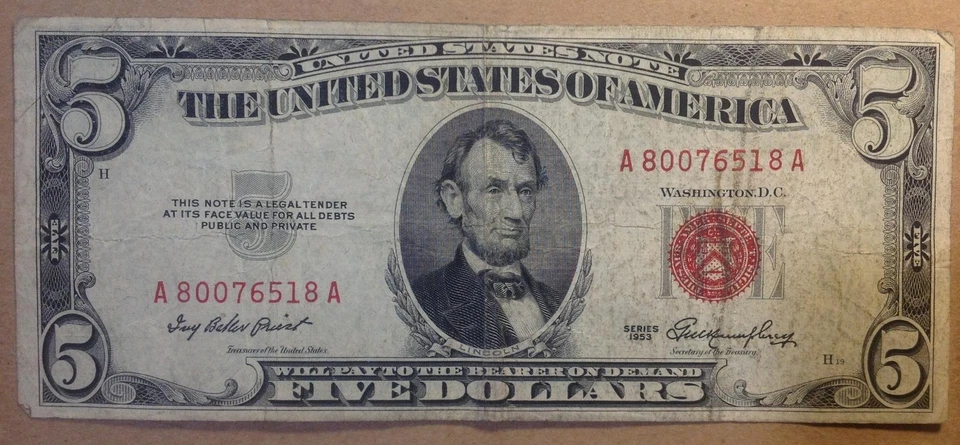 Circulated US Currency 1953 $5 United States Note Red Seal Banknote A80076518A - Image 1 of 2