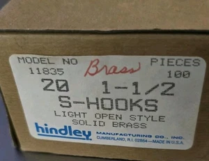 100 Hindley 1 1/2" Solid Brass S-HOOKS 11835 🇺🇸 USA NOS  - Bild 1 von 3
