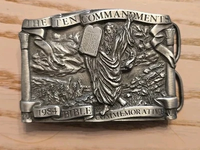 Hebilla de cinturón conmemorativa Biblia de los Diez Mandamientos 1984 bergamota latón EE. UU.  Foto 1 de 4